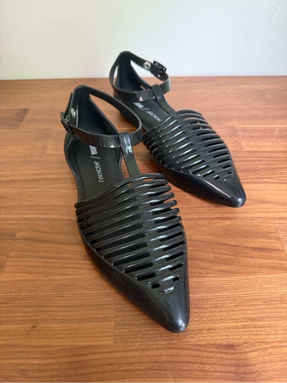 Melissa X Jason Wu " Kate" Caged T-bar Black Jelly Flats - US6 / EU37